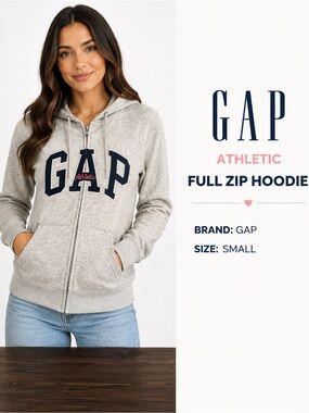 GAP Athletic Gray Full Zip Hoodie Small Fleece Lined Logo Sweatshirt